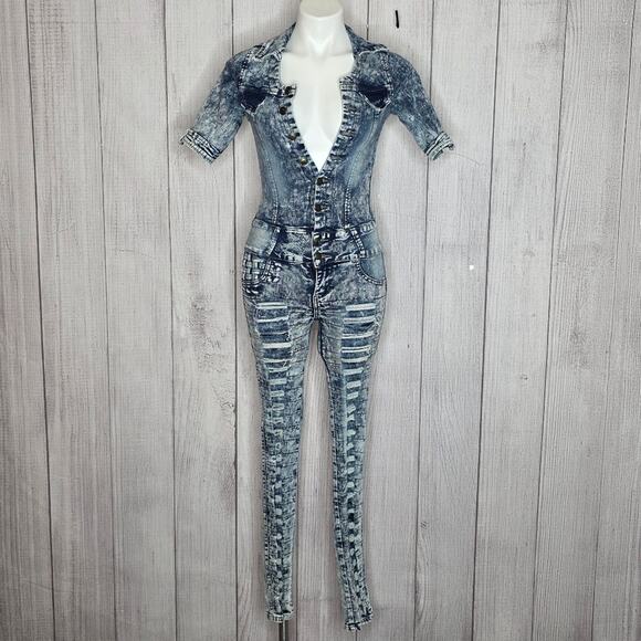 Y2K Acid Wash Distressed Denim Jumpsuit w Cut-outs, Bows & Woven Accents, sz 5 - Picture 3 of 14